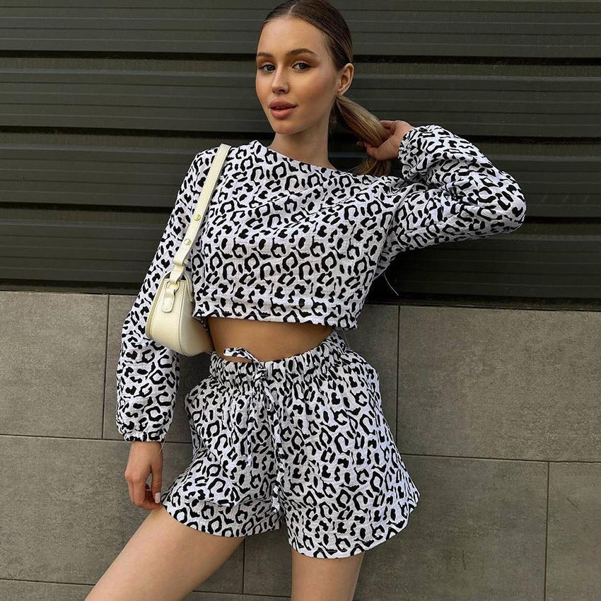 Summer Thin Long Sleeves Shorts Leopard Print Two Piece Set Can Be Worn outside Cotton Linen Home Wear Women