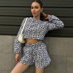Summer Thin Long Sleeves Shorts Leopard Print Two Piece Set Can Be Worn outside Cotton Linen Home Wear Women