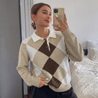 Women's Diamond Pattern Collared Knit Sweater
