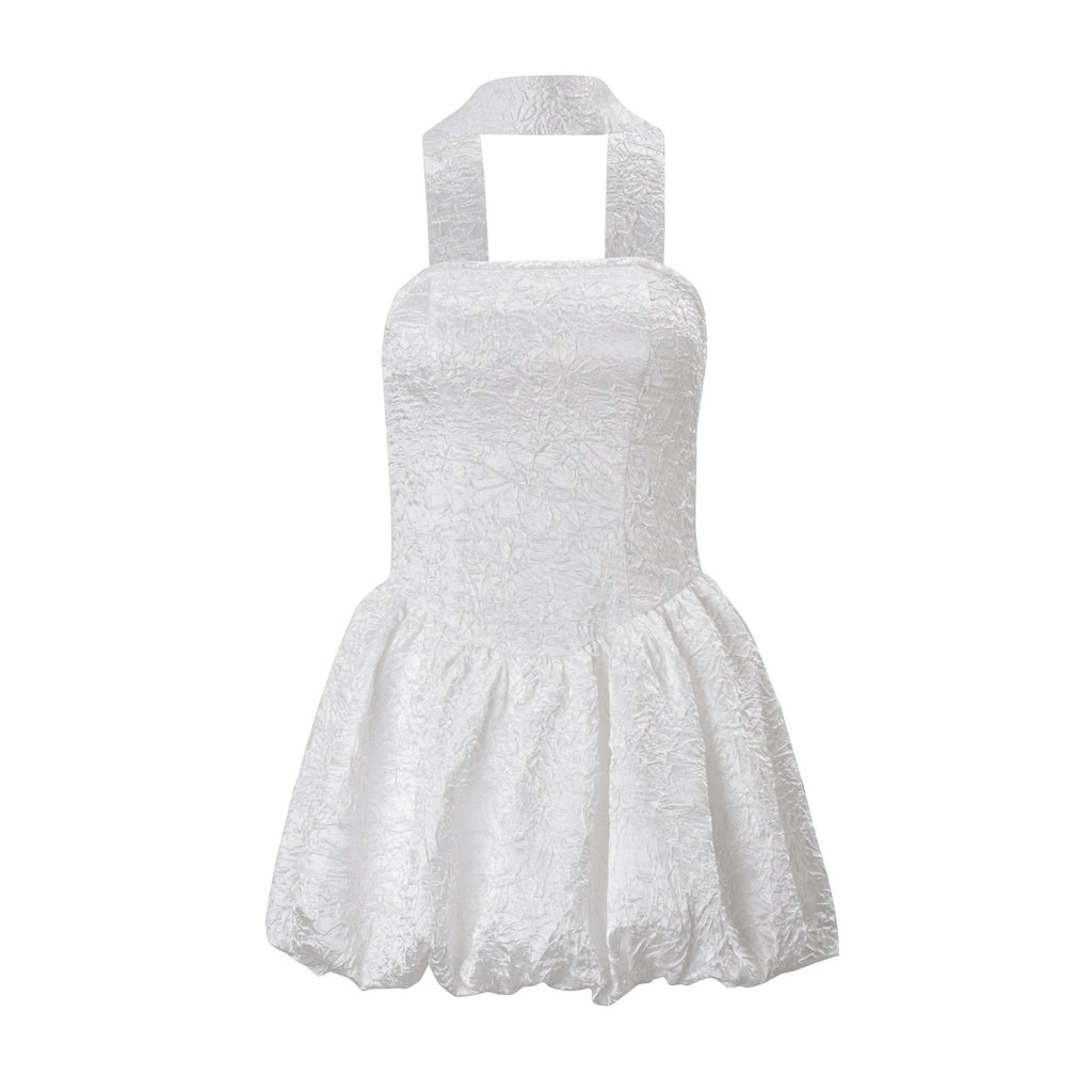 Autumn French Tube Top Ribbon Fitted Waist Bubble Short Dress