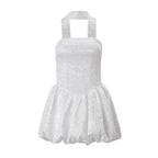 Autumn French Tube Top Ribbon Fitted Waist Bubble Short Dress