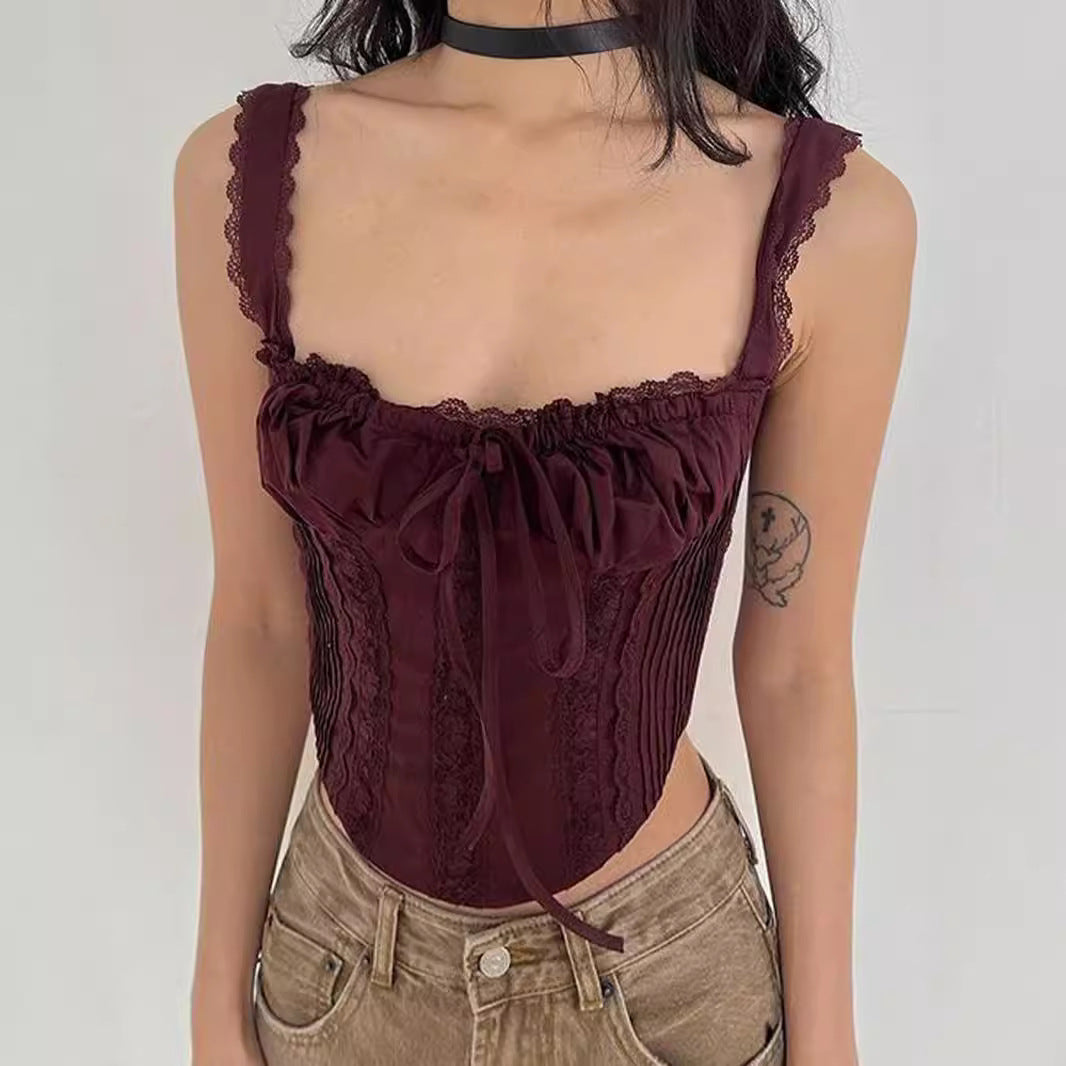 Women's Lace Stitching Lace Up Short Irregular Asymmetric Top Camisole