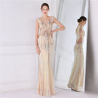 Women's Floral Sequin Crafts Beaded Banquet Long Sleeve Sequin Aura Dress