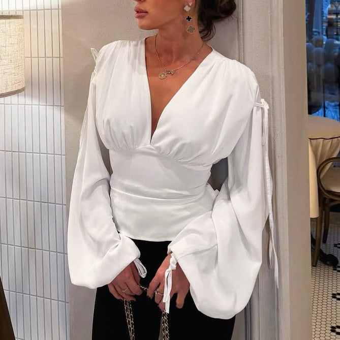 Women's White Lace-Up V-Neck Long-Sleeve Top