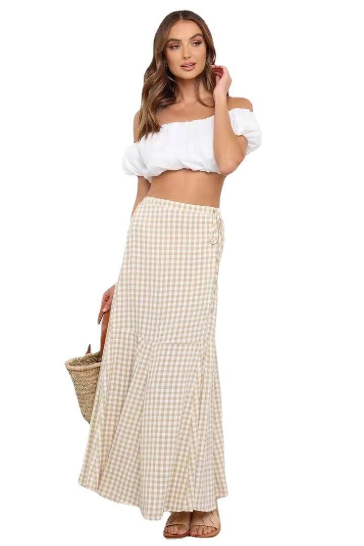 Spring Summer Office Stitching Clinch Mid Waist Skirt