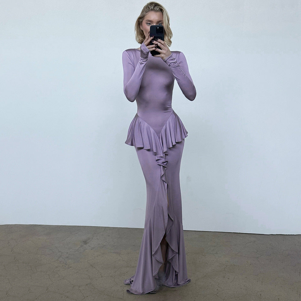Backless Ruffle Split Long-Sleeve A-Line Maxi Dress