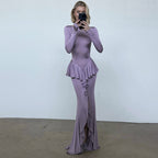 Backless Ruffle Split Long-Sleeve A-Line Maxi Dress