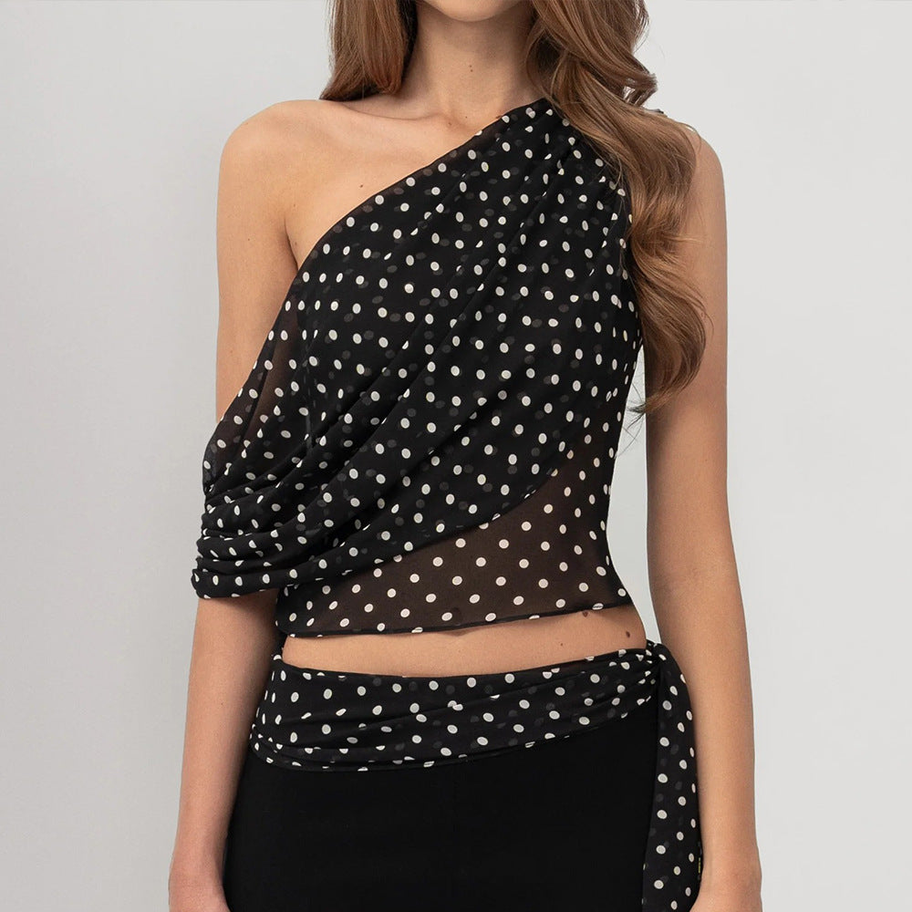 Polka Dot Oblique Shoulder Tops Summer Sexy Single Shoulder Suspender Semi Transparent Chiffon Polka Dots Top