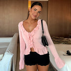 Women's V-Neck Ruffle Flare Sleeve Cardigan Top