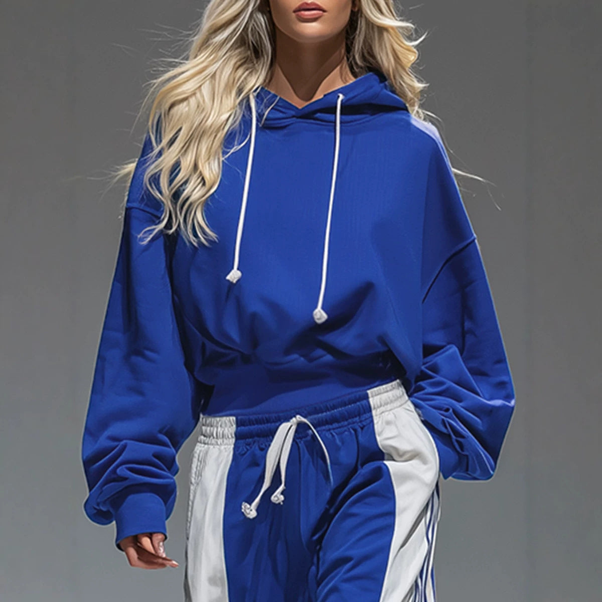 Retro Common Blue White Sports Set Women Loose Hooded