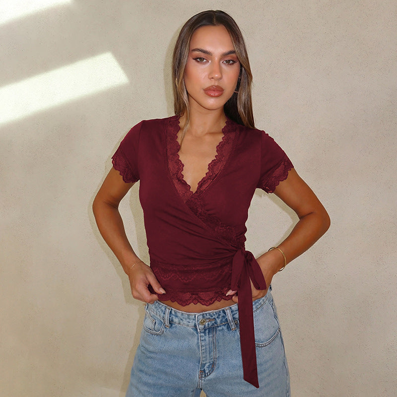 Women's Clothing Lace V Neck Slim Fit Short Sleeved Ribbon Casual T Shirt Top