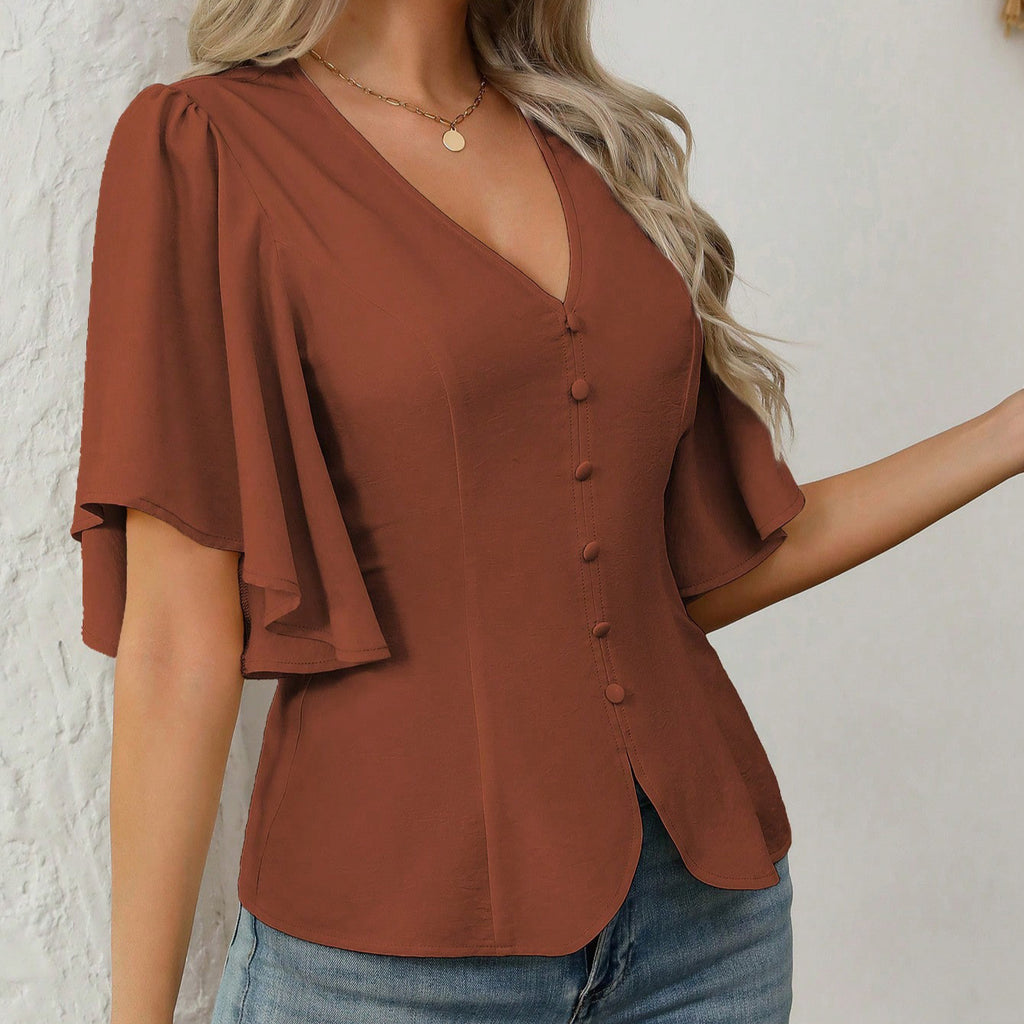 Women's Deep V Neck Solid Color Single Breasted Waist Short Sleeved