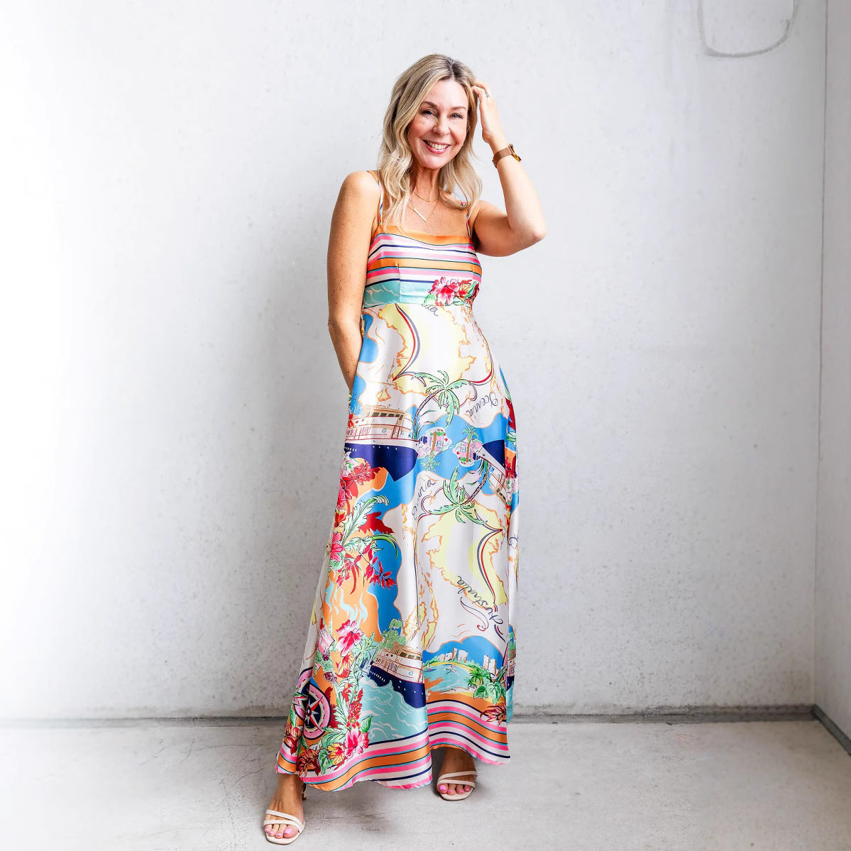 Women's Summer Women Clothes High Waist Print Vacation Large Swing Sling Dress