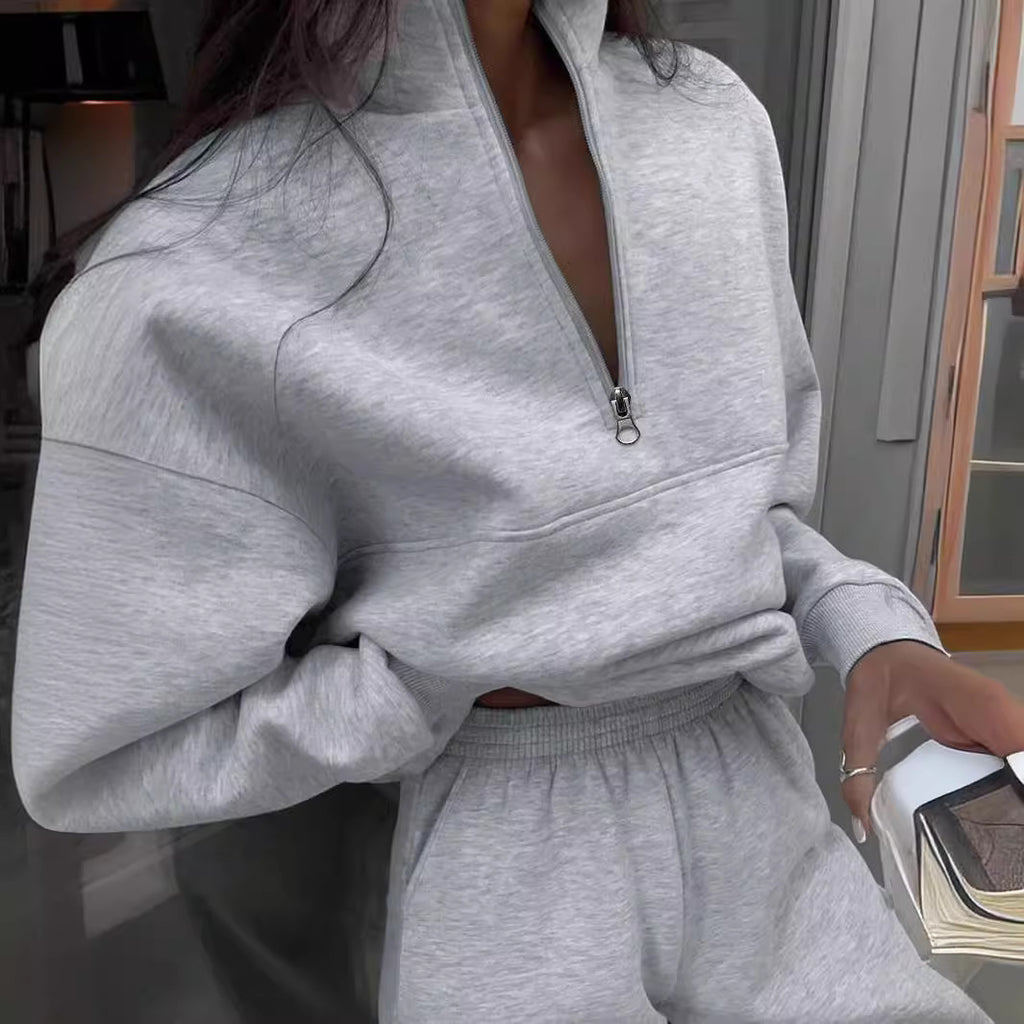 Autumn Winter Zipper Collared Solid Color Casual Two-Piece Set