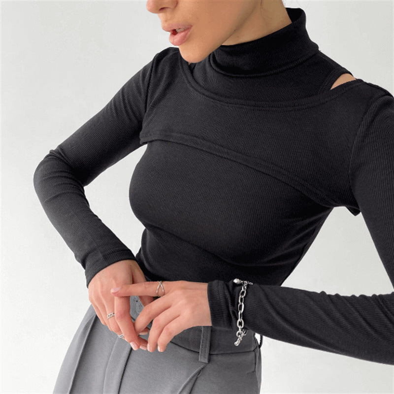 Women’s Black Ribbed Mock Neck Two Piece Crop Set