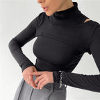 Women’s Black Ribbed Mock Neck Two Piece Crop Set