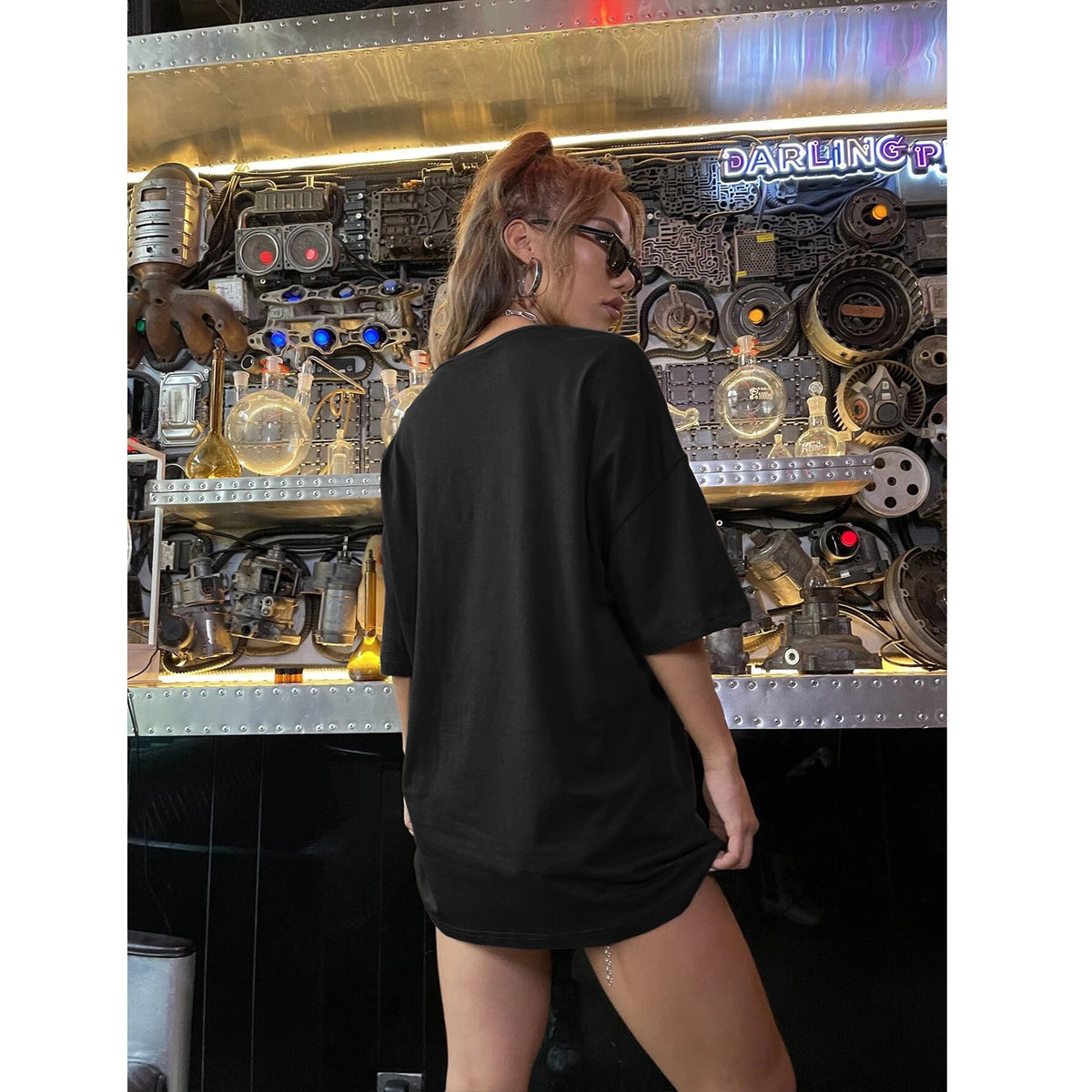 Women's Casual Black T Shirt Simple Round Neck Short Sleeve Women Top Loose Printed