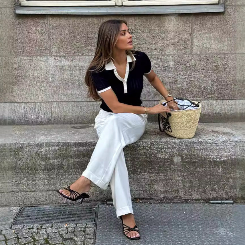 Women's Summer Women Clothing Polo Collar V Neck Slimming Color Contrast Patchwork Knitted Top For Women