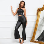 Women's Solid Color Shoulder Strap Faux Leather Beaded High Waisted Boot Cut Shoes