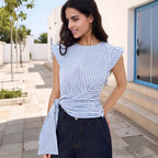Elegant Chic Striped round Neck SL Waist Slim Fit Short