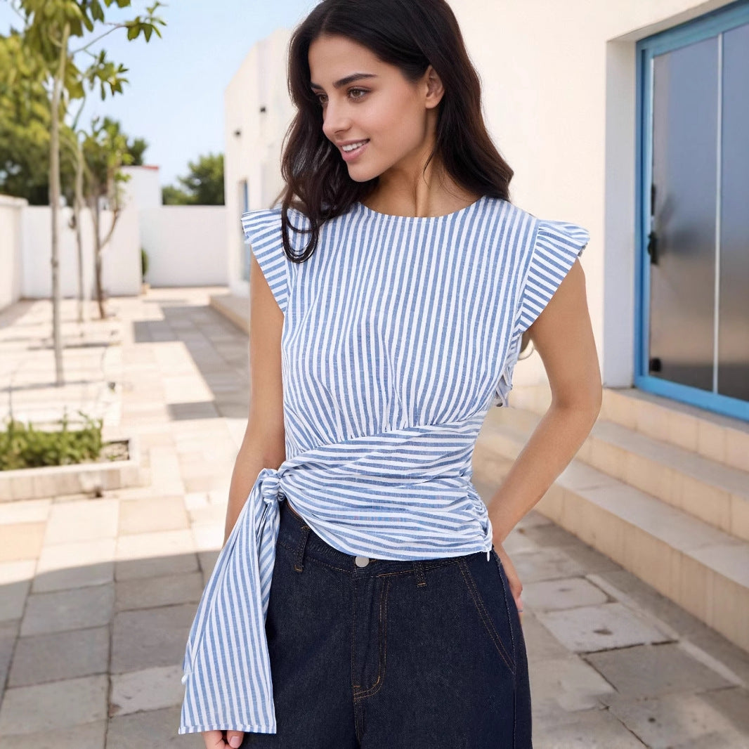 Elegant Chic Striped round Neck SL Waist Slim Fit Short