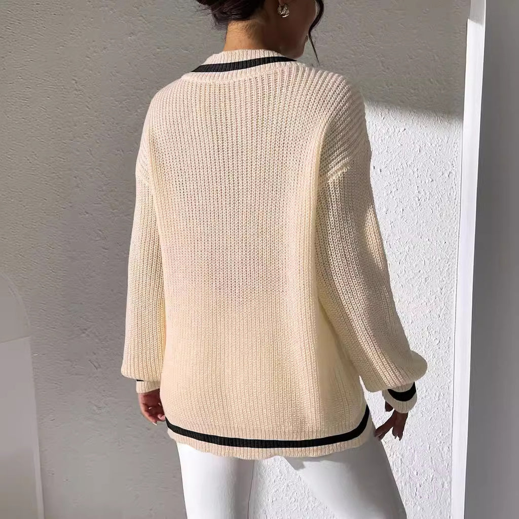 Women Clothing Preppy Women's Top Color Contrast Patchwork V neck Long Sleeve Sweater Beaded Casual Bottoming Shirt