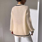Women Clothing Preppy Women's Top Color Contrast Patchwork V neck Long Sleeve Sweater Beaded Casual Bottoming Shirt