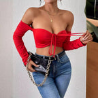 Women's Ruched Drawstring Off-Shoulder Crop Top