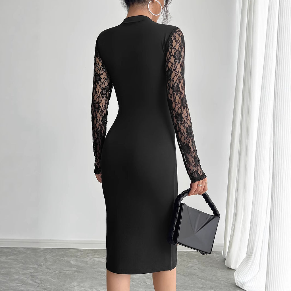 Autumn Women Solid Color Contrast Color Lace Slit Sexy Tight Dress