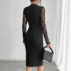 Autumn Women Solid Color Contrast Color Lace Slit Sexy Tight Dress