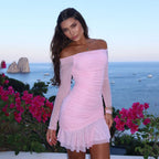 Off-Shoulder Lace Ruched Long-Sleeve Bodycon Mini Dress