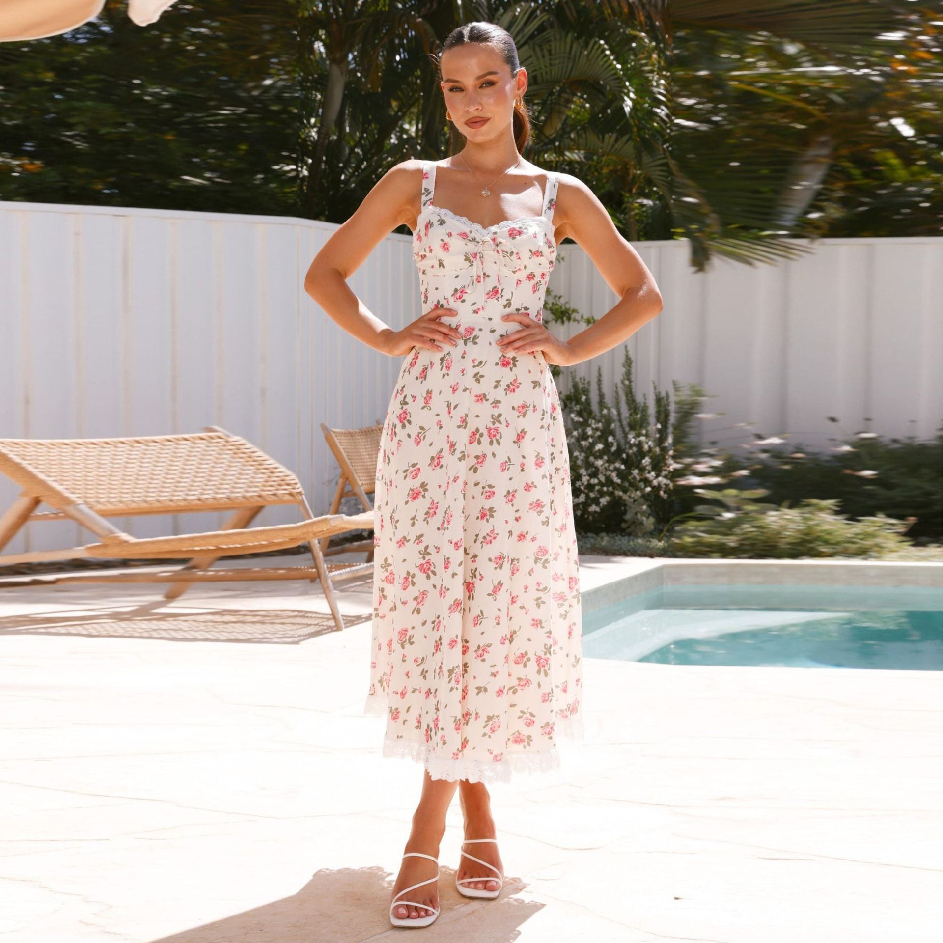 Women's V-Neck Floral Lace Midi Dress