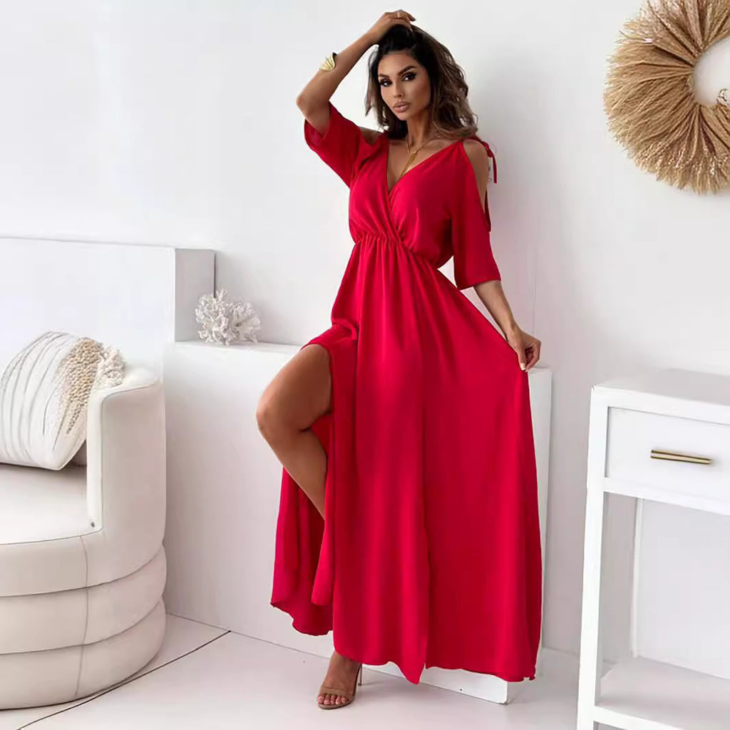 Women's Cutout V-Neck Half Sleeve A-Line Maxi Dress