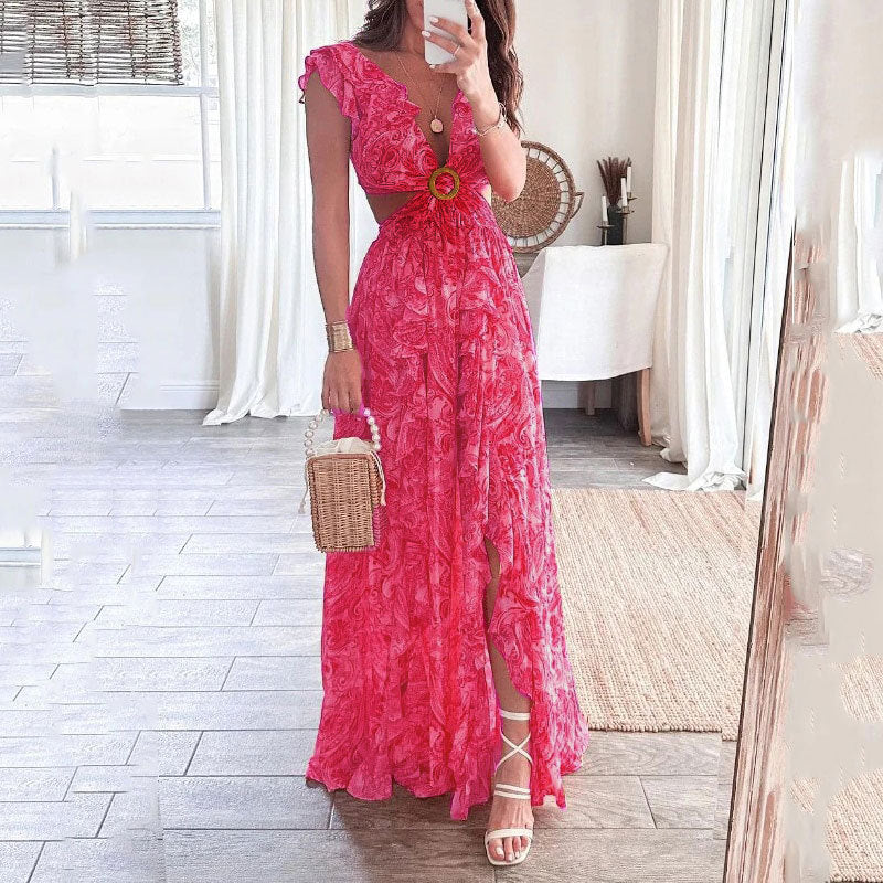 Deep-V Cropped Outfit Long Pleated Dress