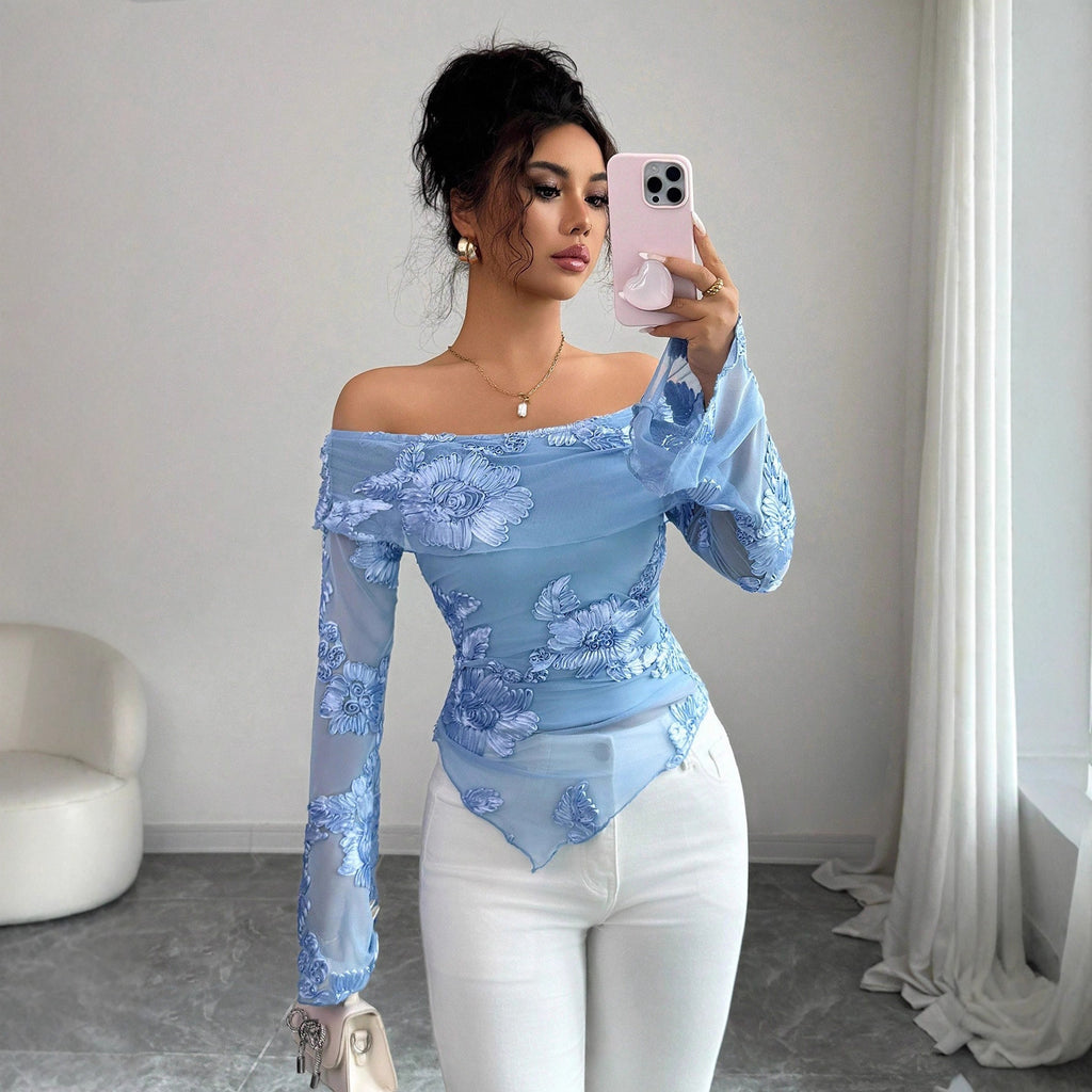 Asymmetric Embroidered Bell-Sleeve Top
