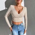 Women's V Neck T Shirt Waist Tied Slim Fit Long Sleeve Bottoming Top