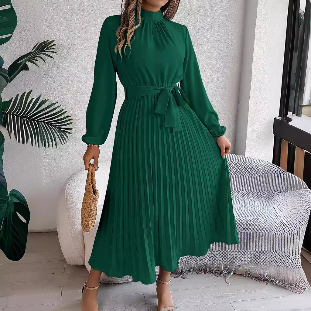 Autumn Winter Elegant Stand Collar Long Sleeve Cinched Pleated Maxi Dress Small
