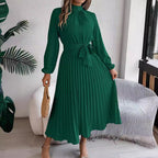 Autumn Winter Elegant Stand Collar Long Sleeve Cinched Pleated Maxi Dress Small