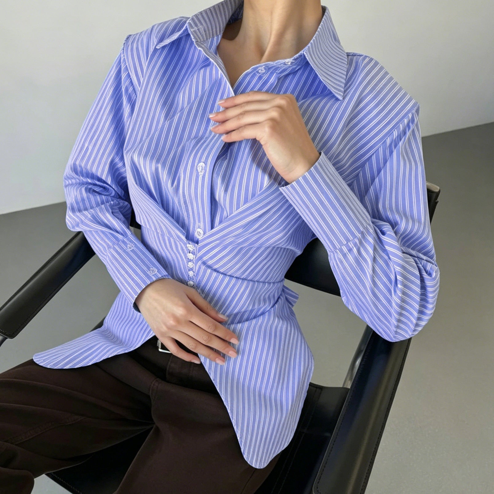 Striped asymmetrical long-sleeve shirt, slim fit, light blue and white, button placket