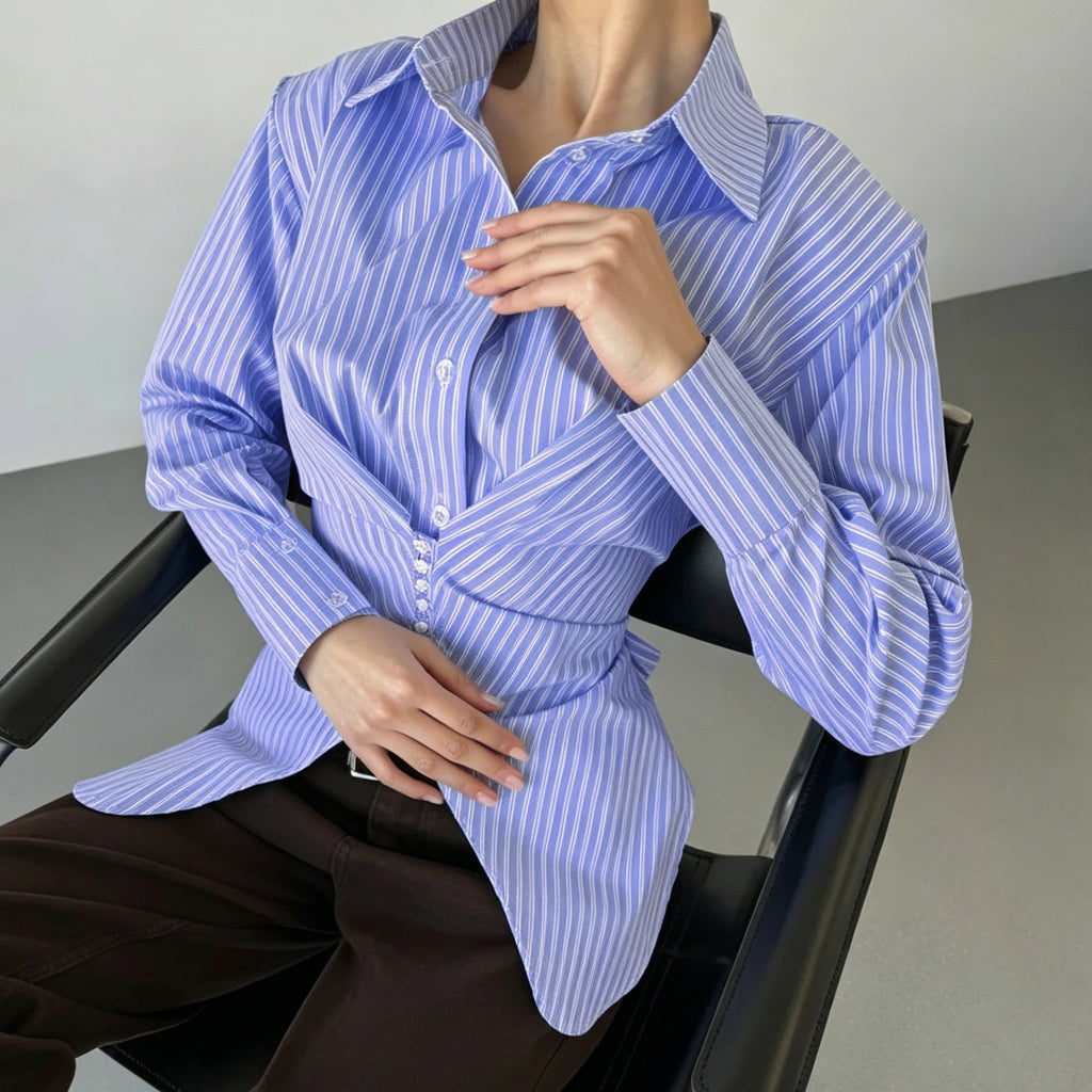 Striped asymmetrical long-sleeve shirt, slim fit, light blue and white, button placket