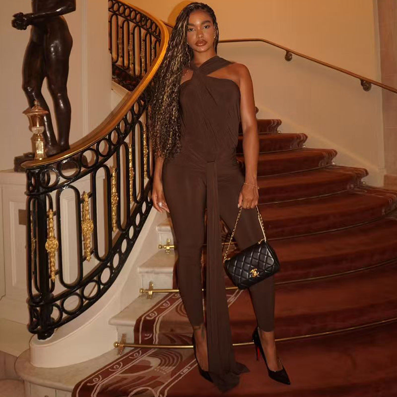 Personality Slim Fit Curve Women Skin Friendly Lace up Jumpsuit Sleeveless Sheath Solid Color Trendy Long Jumpsuit