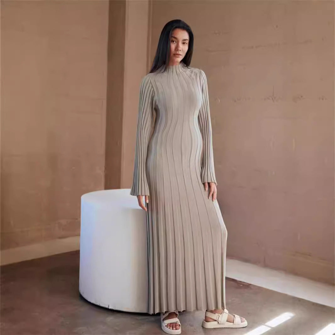 Mock-Neck Belted Long-Sleeve Sweater Bodycon Maxi Dress
