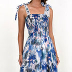 Smocking Elastic Waist Knotted Shoulder Strap A-Line Dress Long