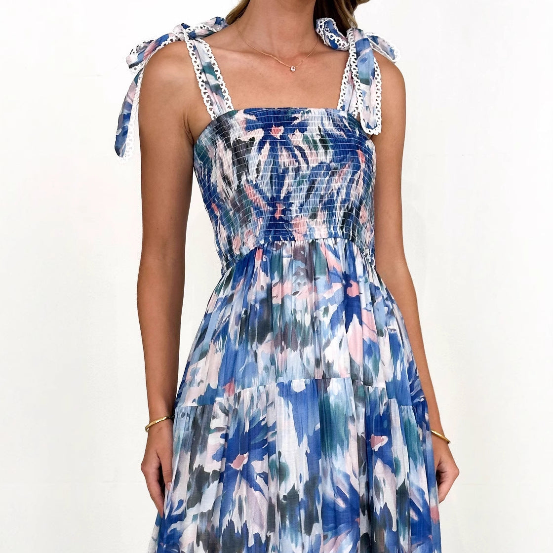 Smocking Elastic Waist Knotted Shoulder Strap A-Line Dress Long