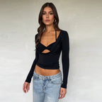 Women's Autumn Halter Inner Wear Cropped Long Sleeve Top