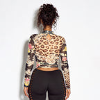 Women's Autumn Printed Sheer Mesh Long Sleeve Turtleneck Hollow Out