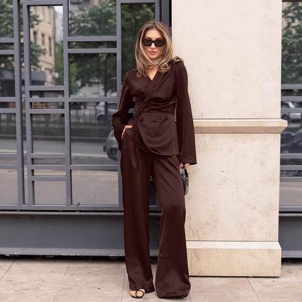 Spring Women Retro Brown Long Sleeve Waist Controlled Lace up Top Trousers Two Piece Set