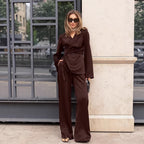 Spring Women Retro Brown Long Sleeve Waist Controlled Lace up Top Trousers Two Piece Set
