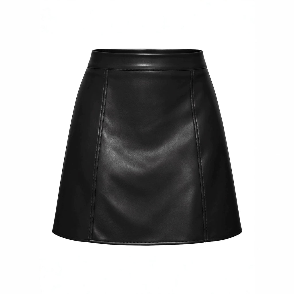 Women Autumn Winter Faux Leather Skirt High Waist Zipper Solid Color Stitching Leather Short Skirt for Women