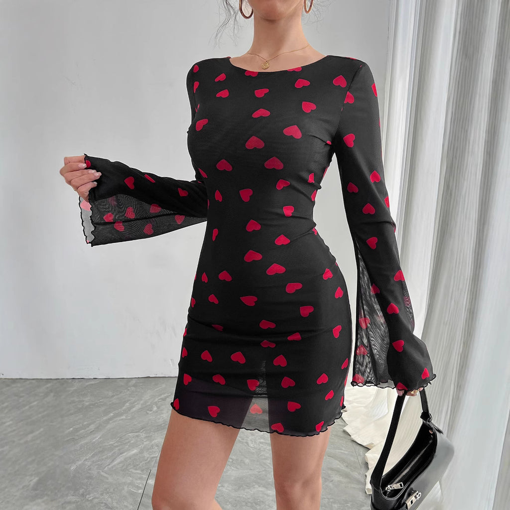 Heart-Print Bell-Sleeve Mesh Dress